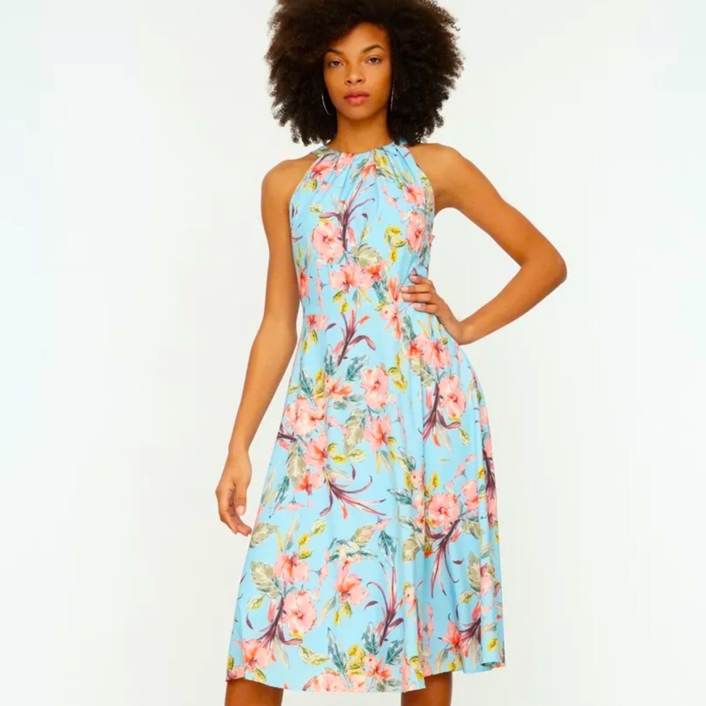 Blue Flywheel Flounces Halter-Neck Dress